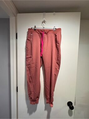 Figs Dusty Rose Cargo Joggers with Hot Pink Drawstring